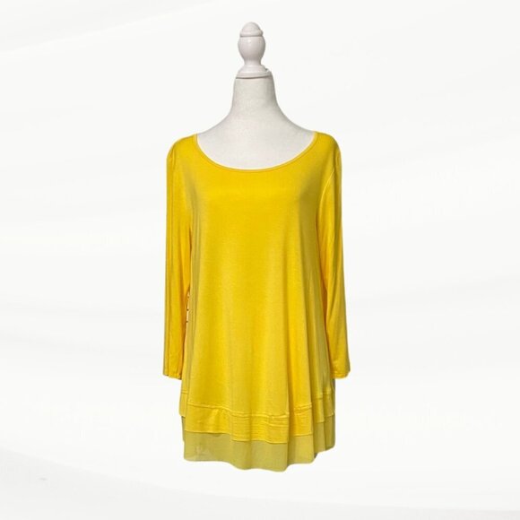 Cupio Tops - Cupio Women's Yellow Quarter-Length Sleeve, Sheer Mesh Hem Shirt, Size Large